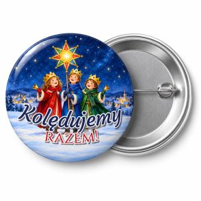 Przypinka Kolędujemy Razem: przypinka na Orszak Trzech Króli z napisem Kolędujemy razem! – przód i aluminiowy tył z agrafką