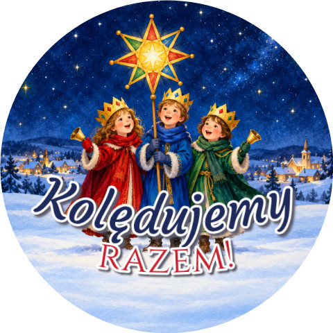 Wzór: Przypinka Kolędujemy Razem – grafika z napisem Kolędujemy razem!
