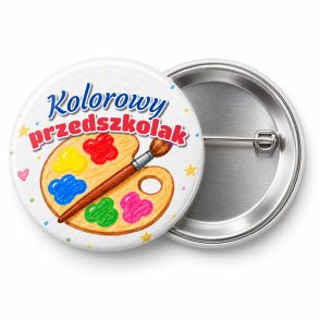 Przypinka Kolorowy Przedszkolak Kredkowa Paleta: przypinka na pasowanie na przedszkolaka z napisem Kolorowy przedszkolak – przód i aluminiowy tył z agrafką