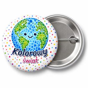 Przypinka Kolorowy Świat: przypinka na Dzień Kropki z napisem Kolorowy świat – przód i aluminiowy tył z agrafką