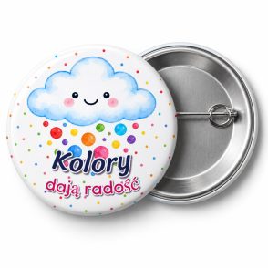 Przypinka Kolory Dają Radość: przypinka na Dzień Kropki z napisem Kolory dają radość – przód i aluminiowy tył z agrafką