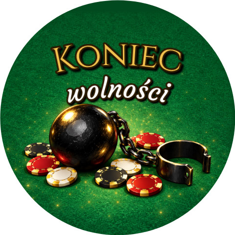 Wzór: Przypinka Koniec Wolności Kula u Nogi i Żetony – grafika z napisem Koniec wolności