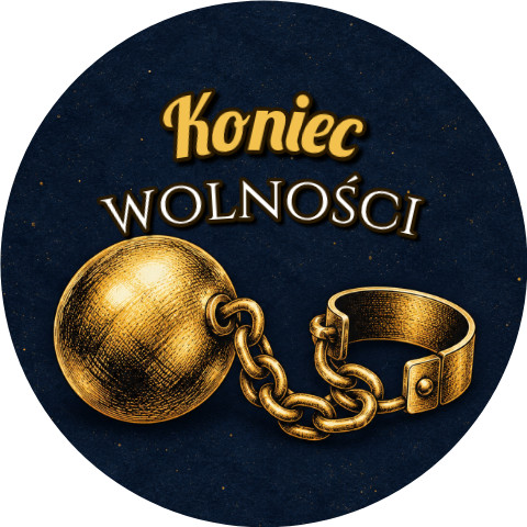 Wzór: Przypinka Koniec Wolności Złota Kula u Nogi – grafika z napisem Koniec wolności