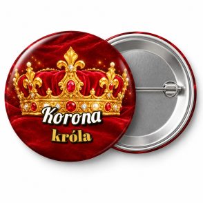 Przypinka Korona Króla: przypinka na Orszak Trzech Króli z napisem Korona króla – przód i aluminiowy tył z agrafką