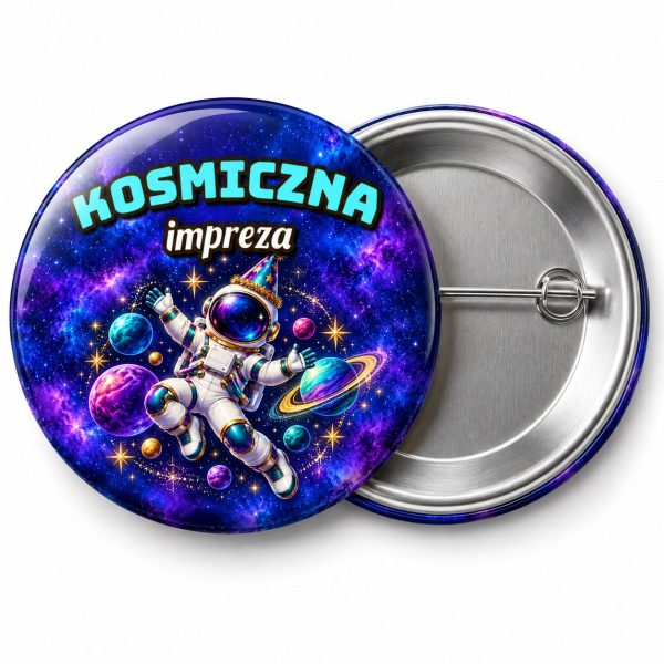 Przypinka Kosmiczna Impreza: przypinka na Sylwestra z napisem Kosmiczna impreza – przód i aluminiowy tył z agrafką