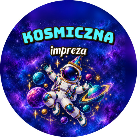 Wzór: Przypinka Kosmiczna Impreza – sylwestrowa grafika z napisem Kosmiczna impreza
