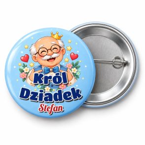 Przypinka Król Dziadek z Imieniem: przypinka na Dzień Babci i Dziadka z napisem Król Dziadek oraz polem imię (np. Stefan) – przód i aluminiowy tył z agrafką
