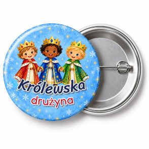Przypinka Królewska Drużyna: przypinka na Orszak Trzech Króli z napisem Królewska drużyna – przód i aluminiowy tył z agrafką
