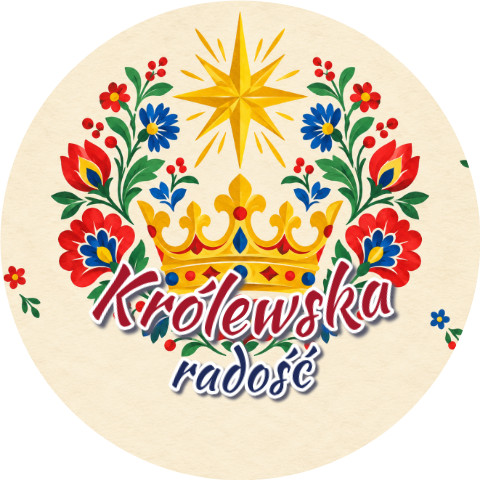 Wzór: Przypinka Królewska Radość – grafika z napisem Królewska radość