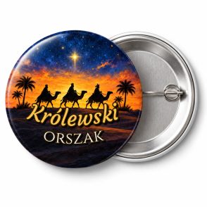 Przypinka Królewski Orszak Karawana: przypinka na Orszak Trzech Króli z napisem Królewski orszak – przód i aluminiowy tył z agrafką