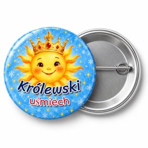 Przypinka Królewski Uśmiech: przypinka na Orszak Trzech Króli z napisem Królewski uśmiech – przód i aluminiowy tył z agrafką