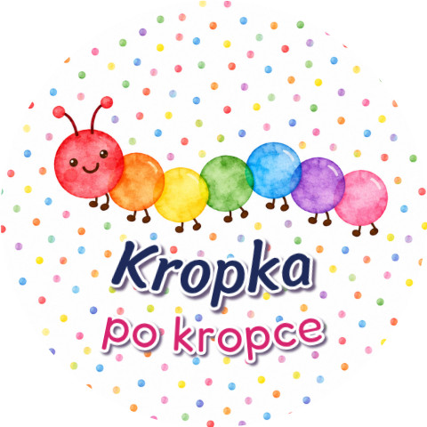 Wzór: Przypinka Kropka po Kropce – grafika z napisem Kropka po kropce