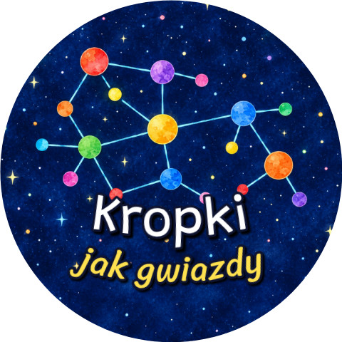 Wzór: Przypinka Kropki Jak Gwiazdy – grafika z napisem Kropki jak gwiazdy