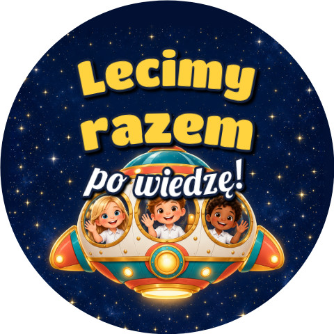 Wzór: Przypinka Lecimy Razem po Wiedzę Statek Kosmiczny – grafika z napisem Lecimy razem po wiedzę!