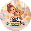 Wzór: Przypinka Lubię Przedszkole Dziewczynka z Pluszakiem – grafika z napisem Lubię przedszkole!