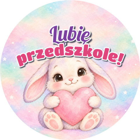 Wzór: Przypinka Lubię Przedszkole Króliczek z Serduszkiem – grafika z napisem Lubię przedszkole!