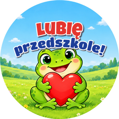 Wzór: Przypinka Lubię Przedszkole Żabka z Sercem – grafika z napisem Lubię przedszkole!