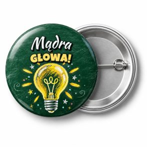 Przypinka Mądra Głowa Kredowa Żarówka: przypinka na pasowanie pierwszoklasisty z napisem Mądra głowa! – przód i aluminiowy tył z agrafką