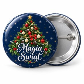 Przypinka Magia Świąt Choinka: przypinka na Boże Narodzenie z napisem Magia Świąt – przód i aluminiowy tył z agrafką
