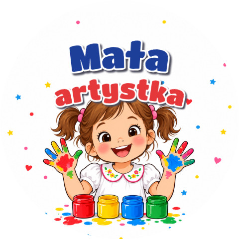 Wzór: Przypinka Mała Artystka Dziewczynka z Farbami – grafika z napisem Mała artystka