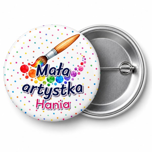 Przypinka Mała Artystka Pędzel: przypinka na Dzień Kropki z napisem Mała artystka oraz polem imię (np. Hania) – przód i aluminiowy tył z agrafką