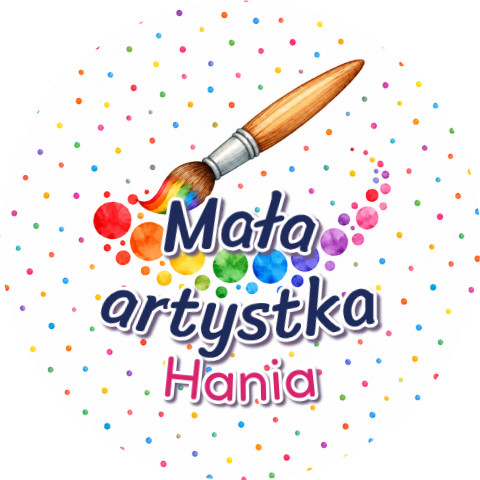 Wzór: Przypinka Mała Artystka Pędzel – napis Mała artystka i pole imię