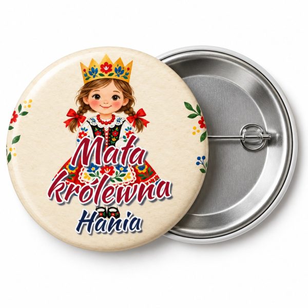 Przypinka Mała Królewna Ludowa: przypinka na Orszak Trzech Króli z napisem Mała królewna oraz polem imię (np. Hania) – przód i aluminiowy tył z agrafką