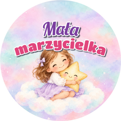 Wzór: Przypinka Mała Marzycielka Dziewczynka na Chmurce – grafika z napisem Mała marzycielka