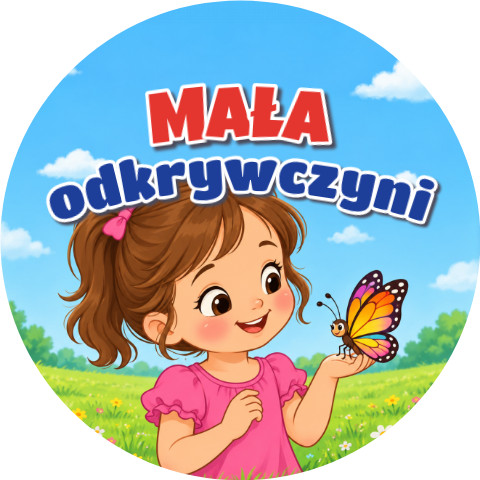 Wzór: Przypinka Mała Odkrywczyni Dziewczynka z Motylem – grafika z napisem Mała odkrywczyni