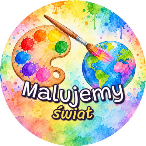 Wzór: Przypinka Malujemy Świat – grafika z napisem Malujemy świat