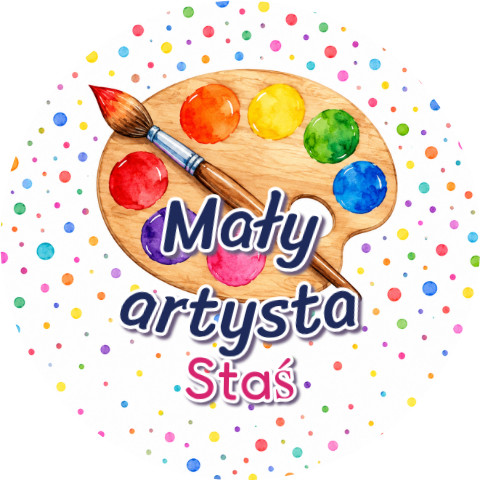 Wzór: Przypinka Mały Artysta Paleta – napis Mały artysta i pole imię