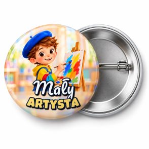 Przypinka Mały Artysta przy Sztaludze: przypinka na pasowanie pierwszoklasisty z napisem Mały artysta – przód i aluminiowy tył z agrafką