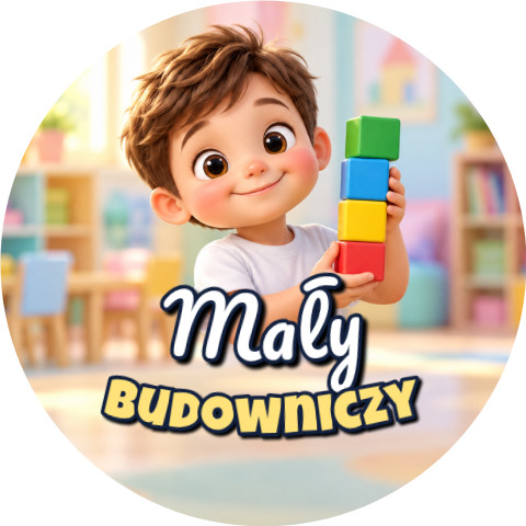 Wzór: Przypinka Mały Budowniczy Chłopiec z Klockami – grafika z napisem Mały budowniczy