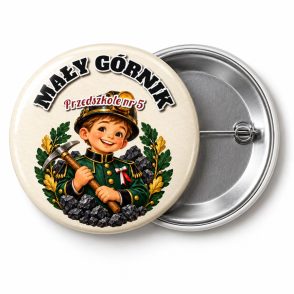 Przypinka Mały Górnik: przypinka na Barbórkę z napisem MAŁY GÓRNIK oraz polem napis dolny (np. Przedszkole nr 5) – przód i aluminiowy tył z agrafką