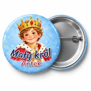 Przypinka Mały Król Złota Korona: przypinka na Orszak Trzech Króli z napisem Mały król oraz polem imię (np. Antek) – przód i aluminiowy tył z agrafką
