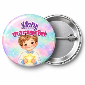 Przypinka Mały Marzyciel Chłopiec z Gwiazdką: przypinka na pasowanie na przedszkolaka z napisem Mały marzyciel – przód i aluminiowy tył z agrafką