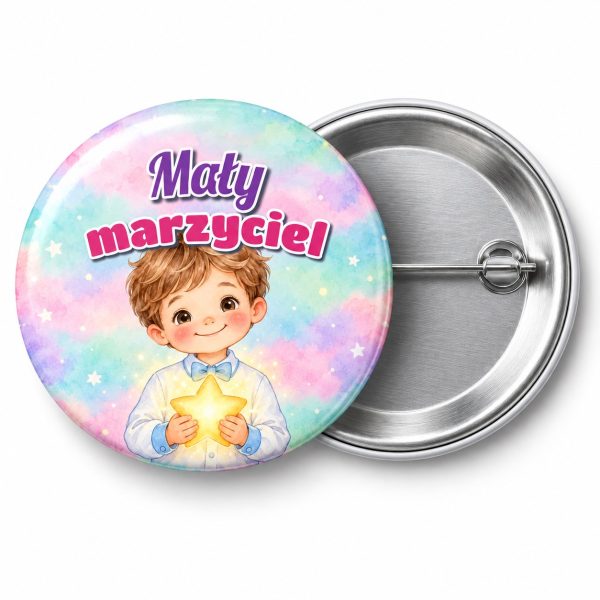 Przypinka Mały Marzyciel Chłopiec z Gwiazdką: przypinka na pasowanie na przedszkolaka z napisem Mały marzyciel – przód i aluminiowy tył z agrafką