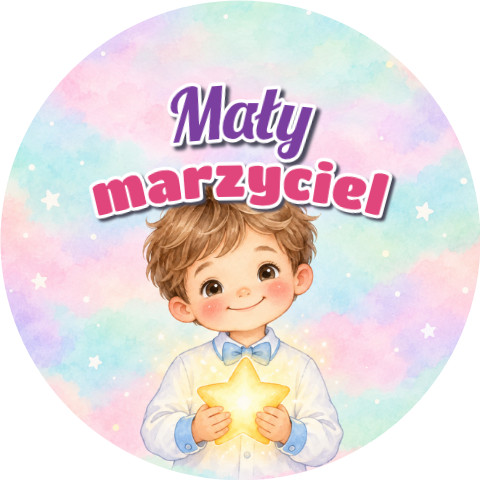 Wzór: Przypinka Mały Marzyciel Chłopiec z Gwiazdką – grafika z napisem Mały marzyciel