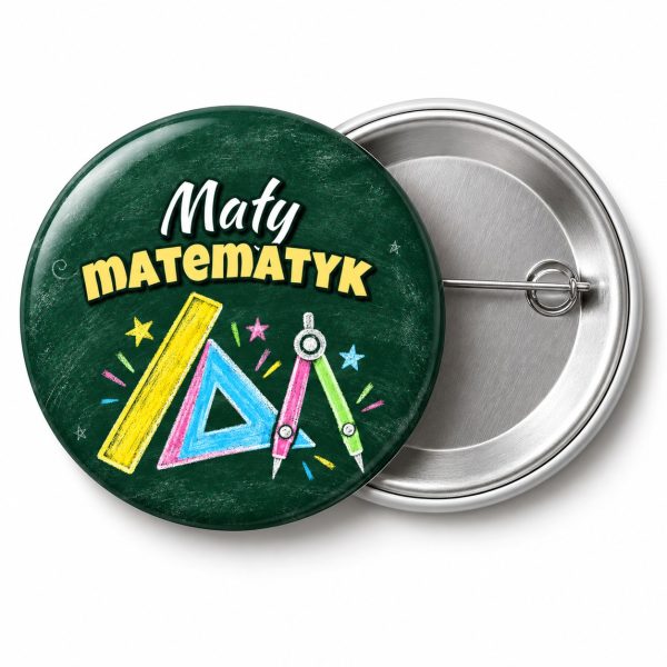 Przypinka Mały Matematyk Przybory Geometryczne: przypinka na pasowanie pierwszoklasisty z napisem Mały matematyk – przód i aluminiowy tył z agrafką
