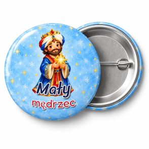 Przypinka Mały Mędrzec: przypinka na Orszak Trzech Króli z napisem Mały mędrzec – przód i aluminiowy tył z agrafką