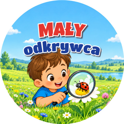 Wzór: Przypinka Mały Odkrywca Chłopiec z Lupą – grafika z napisem Mały odkrywca