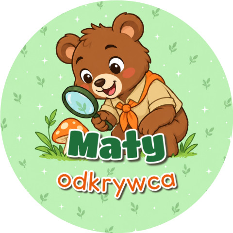 Wzór: Przypinka Mały Odkrywca – grafika z napisem Mały odkrywca