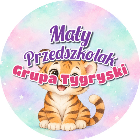 Wzór: Przypinka Mały Przedszkolak Grupa Tygryski – napis Mały Przedszkolak i pole grupa