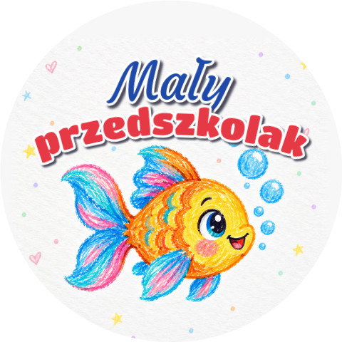 Wzór: Przypinka Mały Przedszkolak Kredkowa Rybka – grafika z napisem Mały przedszkolak