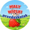 Wzór: Przypinka Mały Wielki Przedszkolak Myszka na Truskawce – grafika z napisem Mały wielki przedszkolak