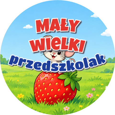 Wzór: Przypinka Mały Wielki Przedszkolak Myszka na Truskawce – grafika z napisem Mały wielki przedszkolak