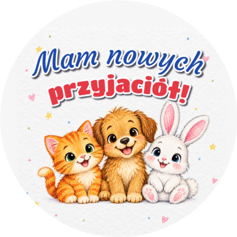 Wzór: Przypinka Mam Nowych Przyjaciół Kredkowe Zwierzątka – grafika z napisem Mam nowych przyjaciół!