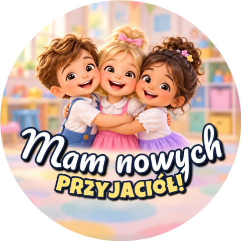 Wzór: Przypinka Mam Nowych Przyjaciół Przytulone Dzieci – grafika z napisem Mam nowych przyjaciół!