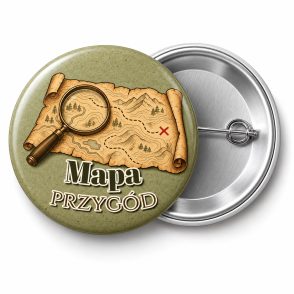 Przypinka Mapa Przygód: przypinka na Dzień Myśli Braterskiej z napisem Mapa przygód – przód i aluminiowy tył z agrafką