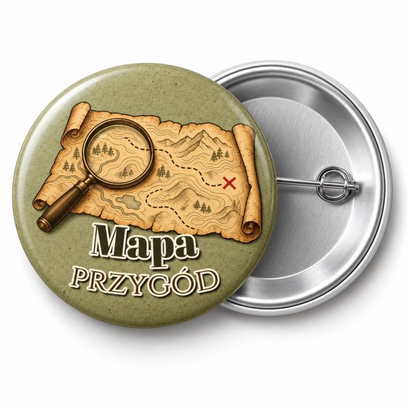 Przypinka Mapa Przygód: przypinka na Dzień Myśli Braterskiej z napisem Mapa przygód – przód i aluminiowy tył z agrafką